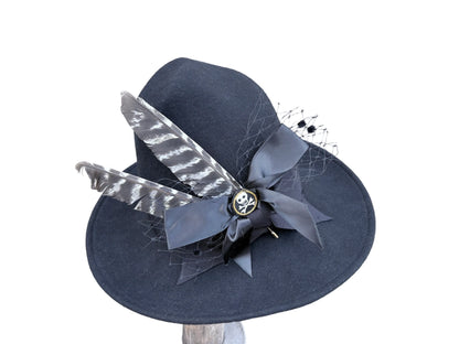 Black Witch hat with black grosgrain bow trim and matching stickpin