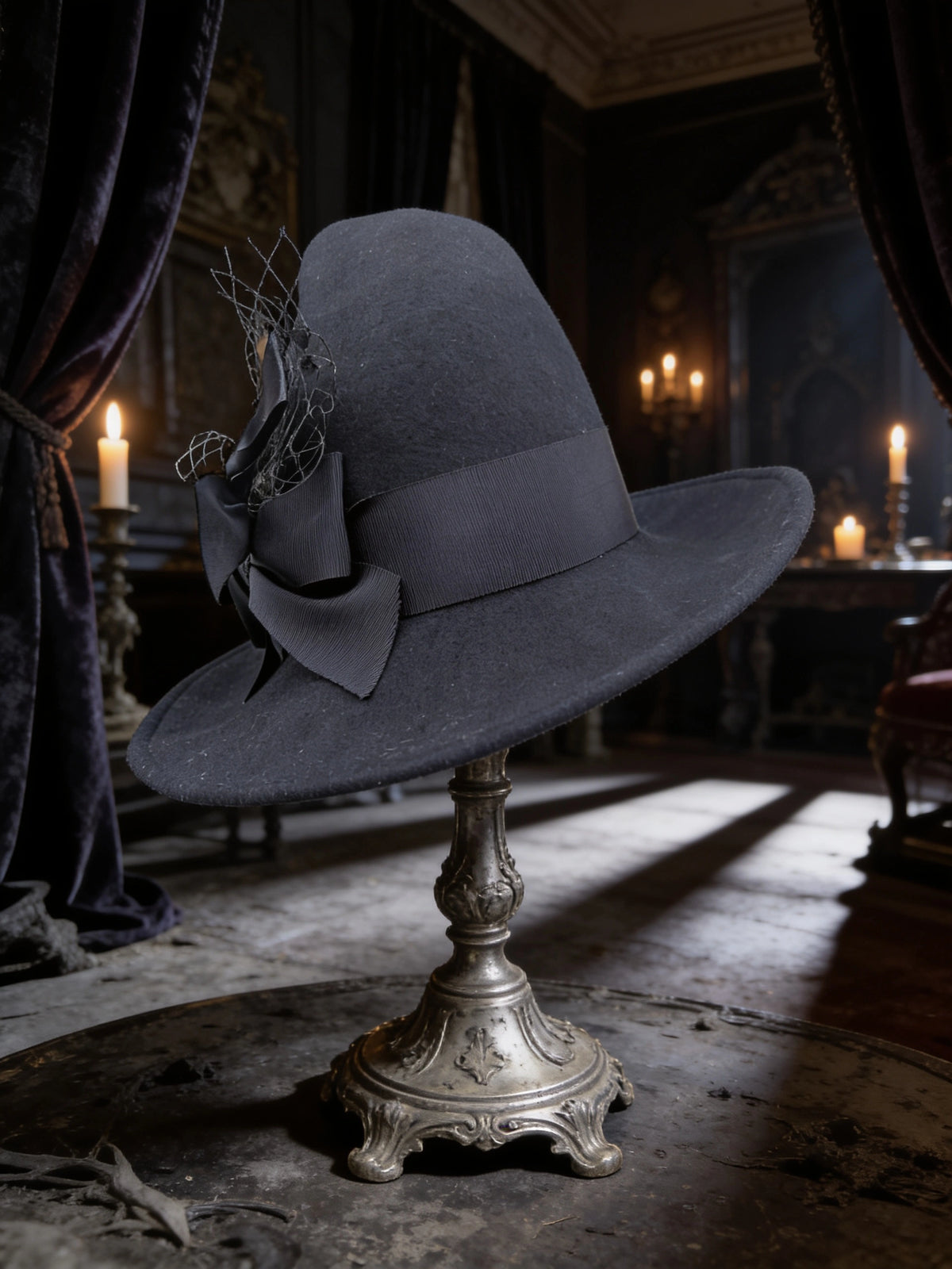 Black Witch hat with black grosgrain bow trim and matching stickpin in Haunted House setting