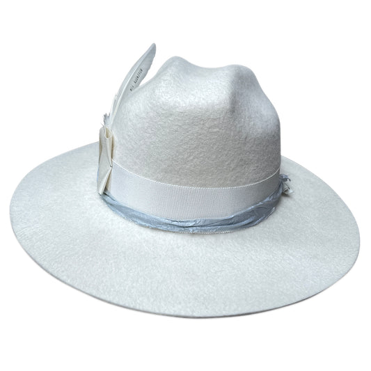 Ivory 'June' cowboy wedding hat with custom date feather and blue silk trim by Cha Cha's House of Ill Repute