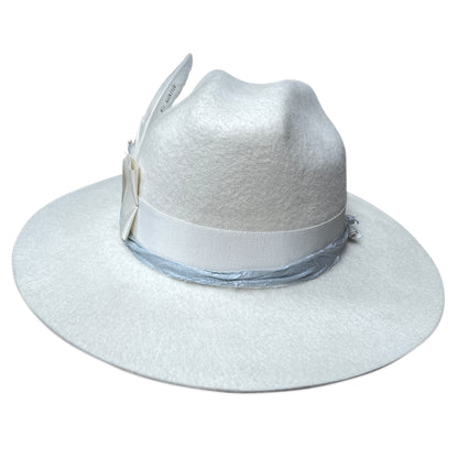 Bespoke 'June' cowboy hat in ivory with grosgrain ribbon and blue silk sari fabric, perfect for bridal or groom wear