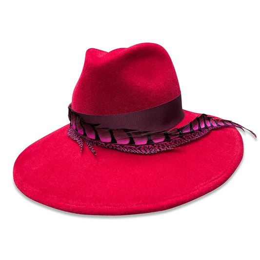 La Volute - Red Wide Brim Fedora with Pheasant Feather & Grosgrain
