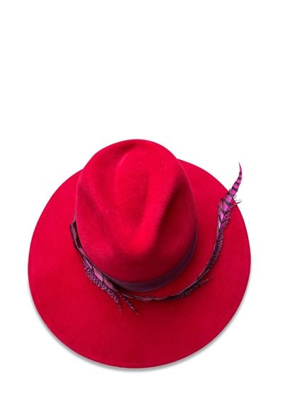 La Volute - Red Wide Brim Fedora with Pheasant Feather & Grosgrain
