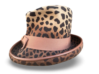 Leopard print hat with a matching band on a white background