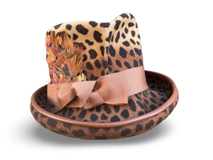 Leopard print hat with feather accents and a bow on a white background