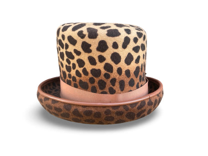 Leopard print top hat with matching piping and ribbon on a white background