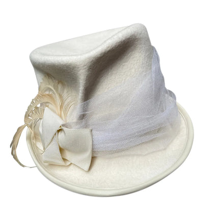 Lilith Bridal Top Hat - White Fur Felt with Feathers & Tulle