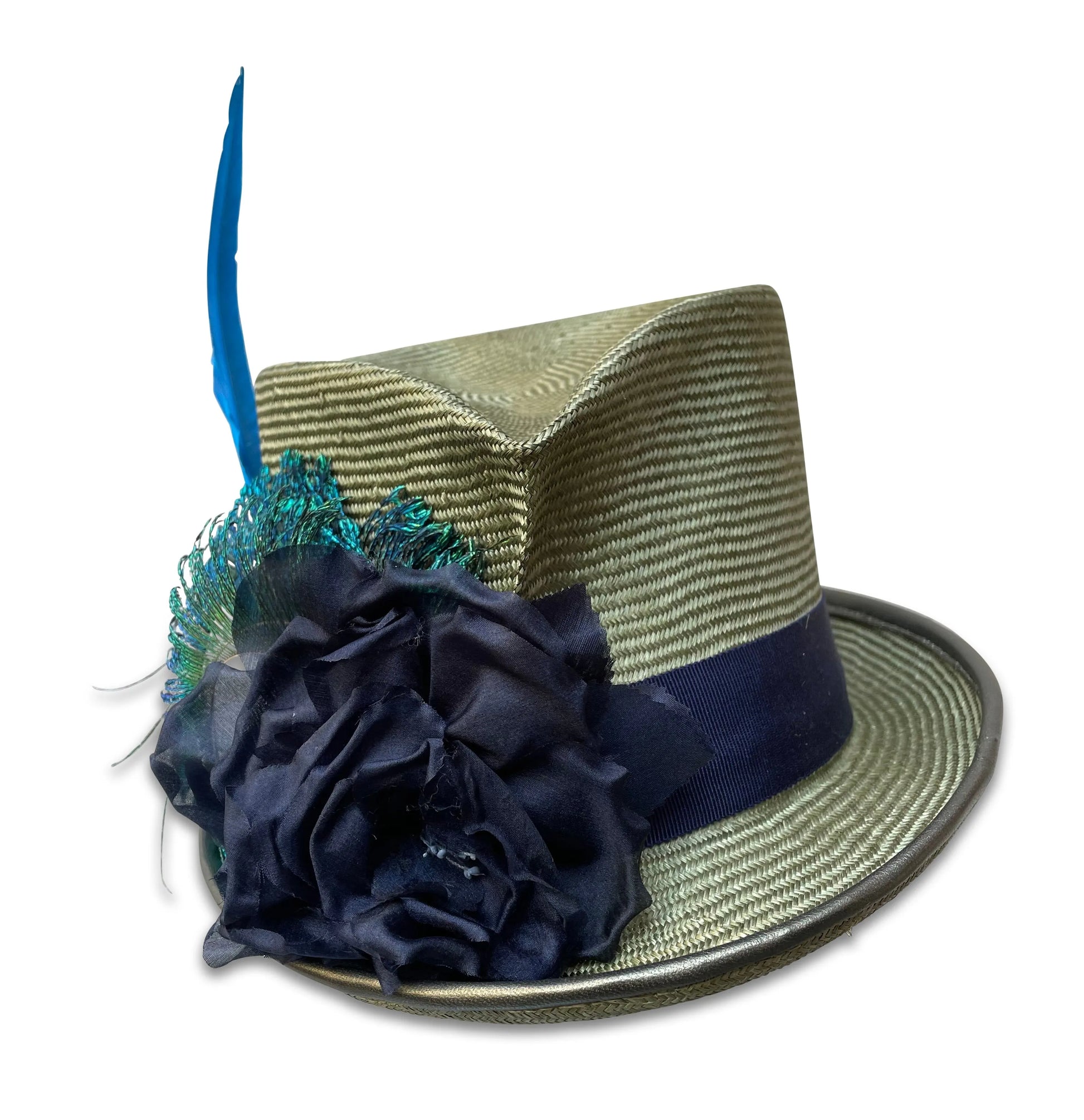 Little Derby Devil - Green Straw Top Hat with Blue Accents & Metallic Trim