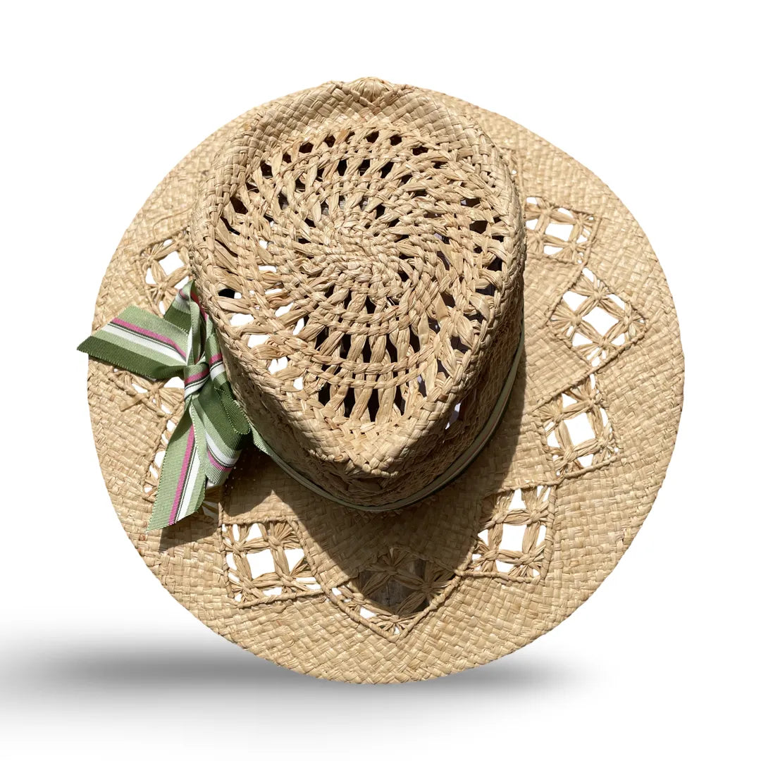 Mala - Raffia Crochet Fedora with Vintage Bow Trim