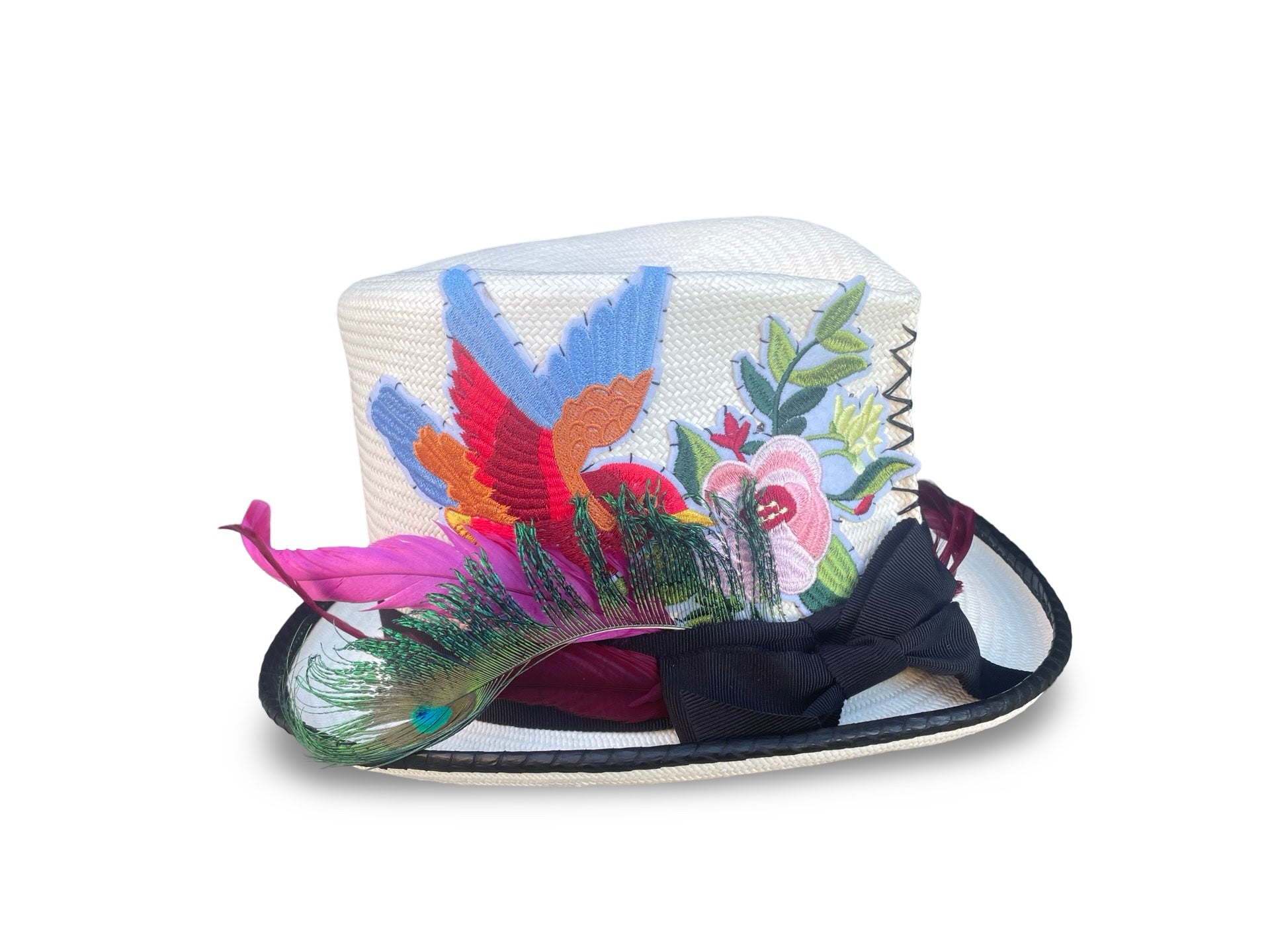 Ivory Straw Top Hat with black piping and trim. Hummgingbird and Floral Applique design on right side of crown