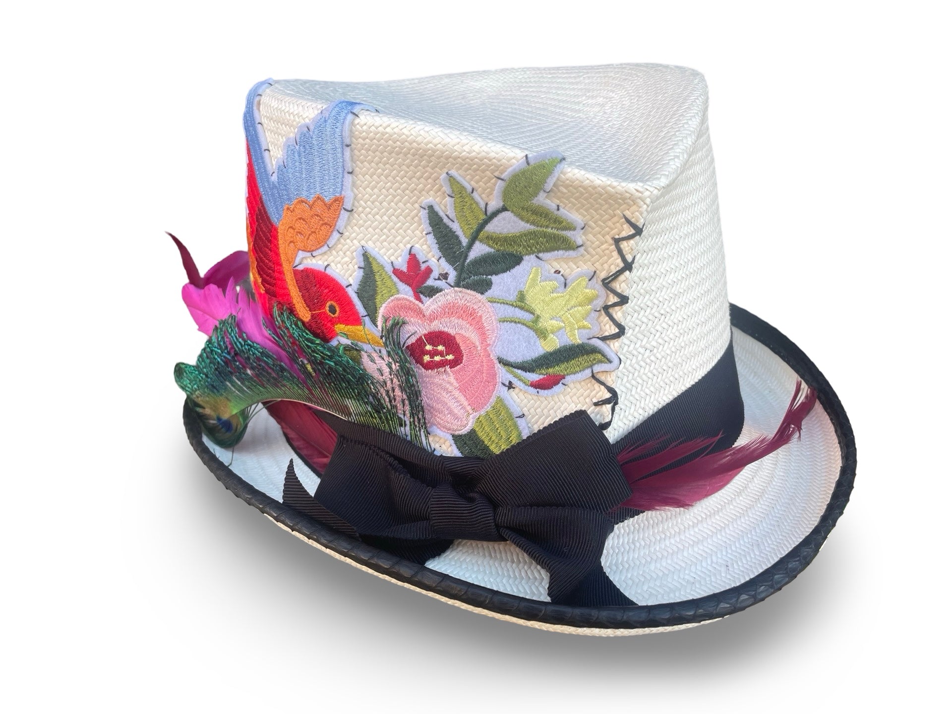 Ivory Straw Top Hat with black piping and trim. Hummgingbird and Floral Applique design on right side of crown