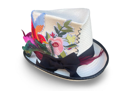 Ivory Straw Top Hat with black piping and trim. Hummgingbird and Floral Applique design on right side of crown