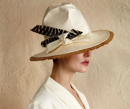 Ms. Parker Straw Hat - Shantung Crown & Raffia Fringe Brim
