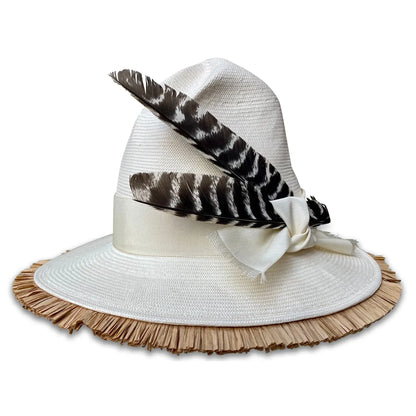 Ms. Parker Straw Hat - Shantung Crown & Raffia Fringe Brim
