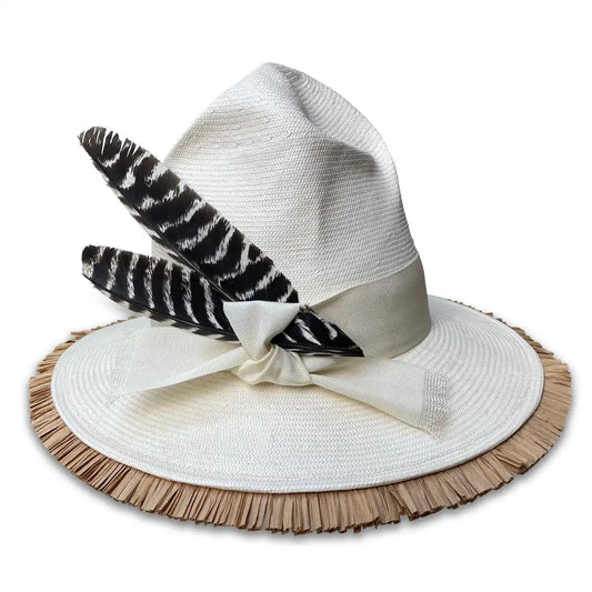 Ms. Parker Straw Hat - Shantung Crown & Raffia Fringe Brim