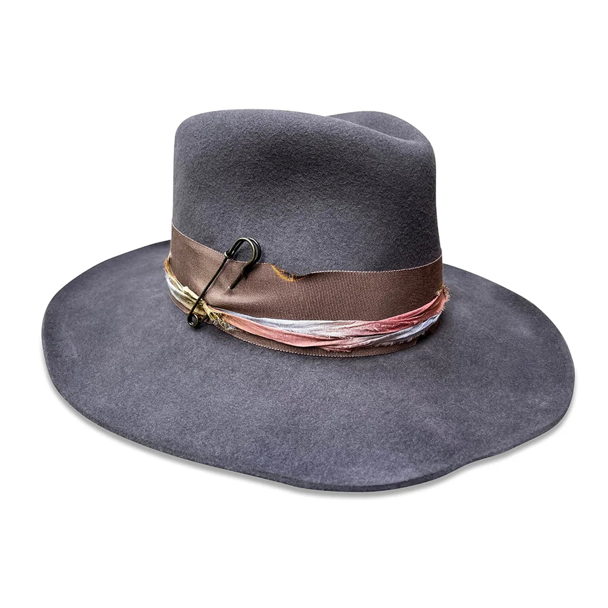 Natalie Fedora Hat - Charcoal Wool with Kilt Pin & Sari Trim