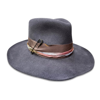 Natalie Fedora Hat - Charcoal Wool with Kilt Pin & Sari Trim