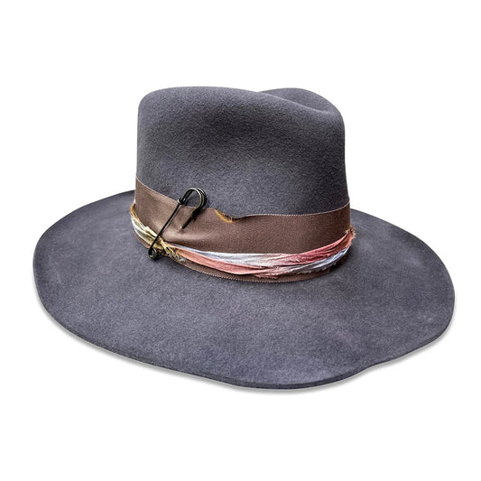 Natalie Fedora Hat - Charcoal Wool with Kilt Pin & Sari Trim
