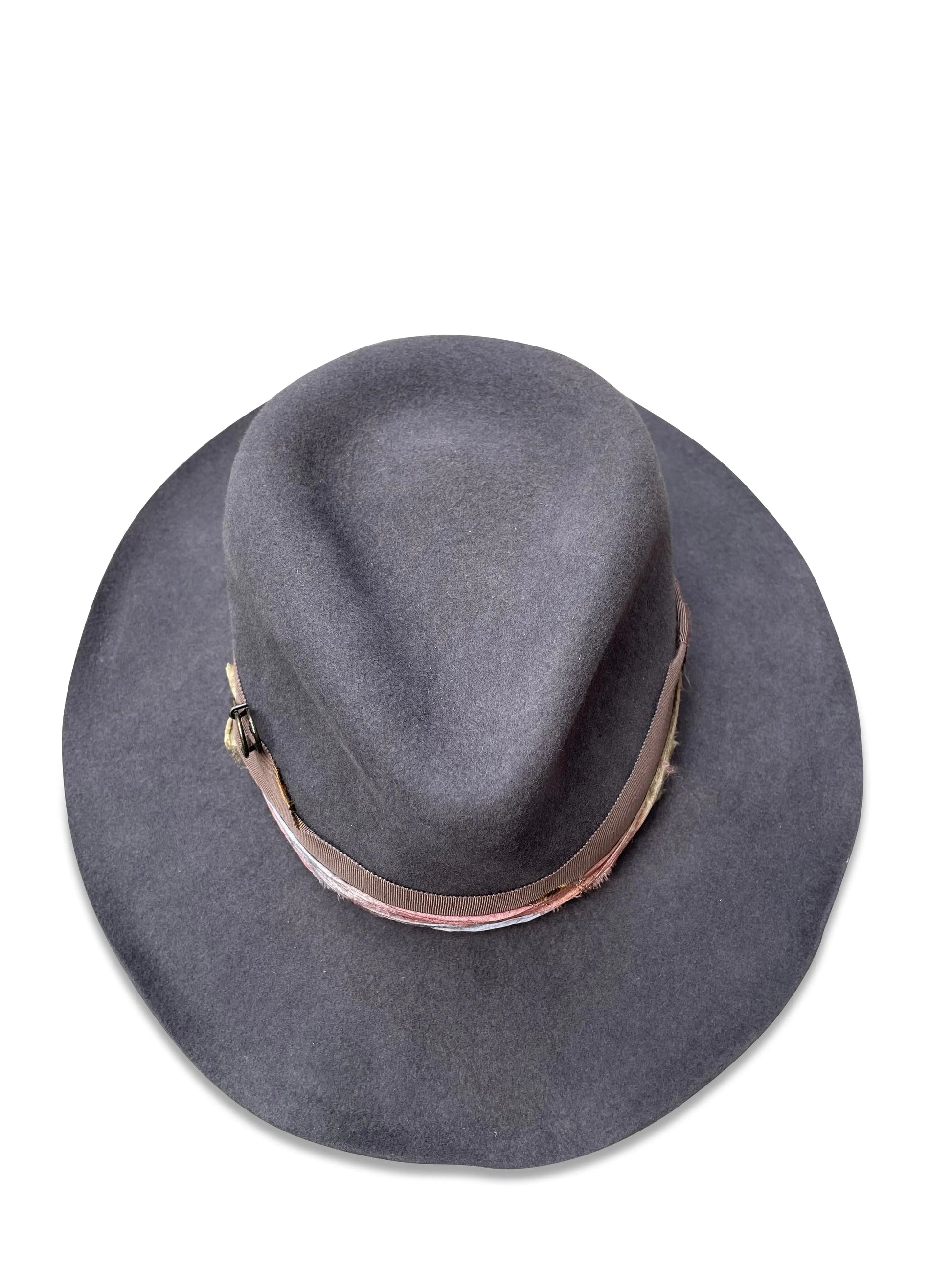 Natalie Fedora Hat - Charcoal Wool with Kilt Pin & Sari Trim