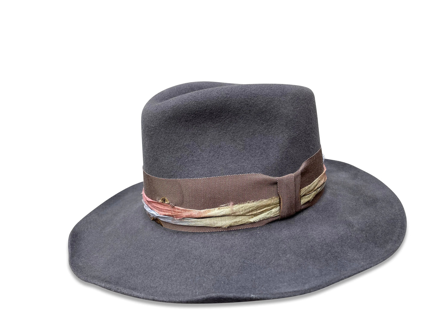 Natalie Fedora Hat - Charcoal Wool with Kilt Pin & Sari Trim