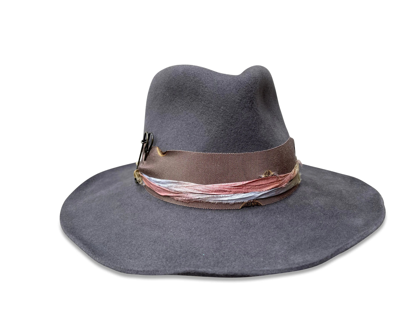 Natalie Fedora Hat - Charcoal Wool with Kilt Pin & Sari Trim
