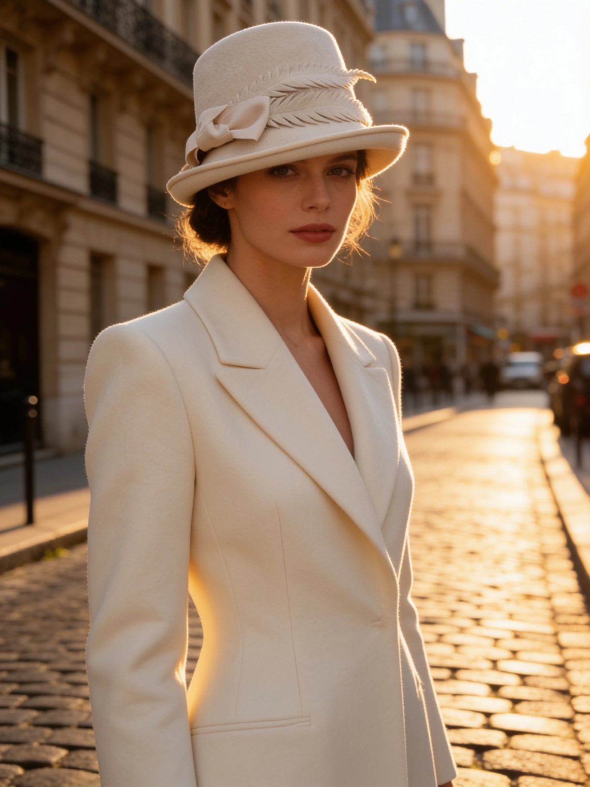 Alabaster Cloche Bucket Hybrid hat with matching piping and Grosgrain trim. Hand made felt feathers. Worn by model in white blazer
