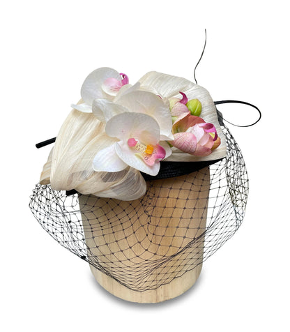 Orchid Beret - Fascinator with Veil & Flowers