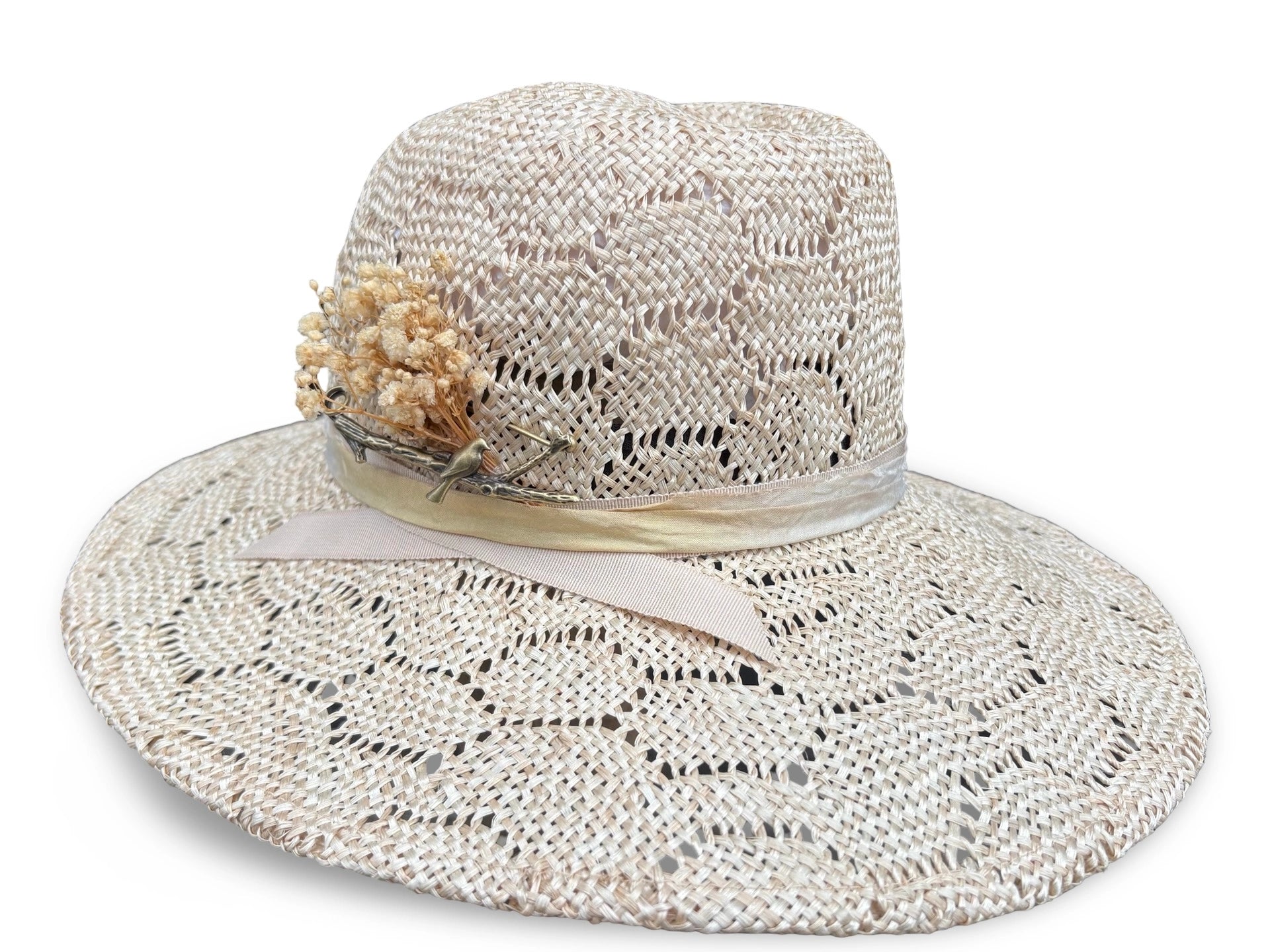 Beige straw hat with a decorative flower on a white background