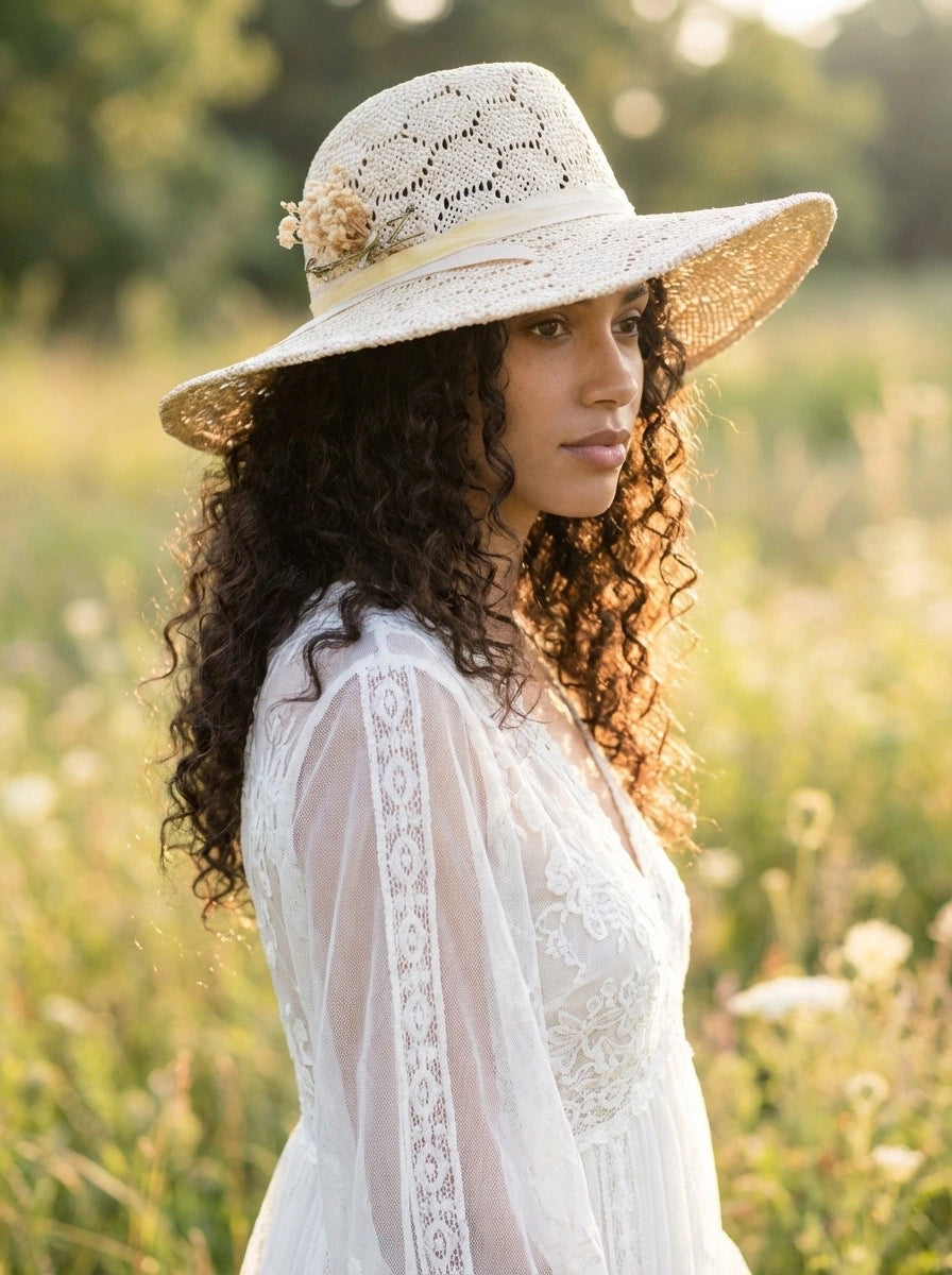 Woman wearing a straw hat and white lace dress in a field