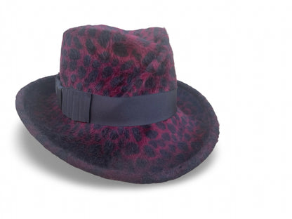 Burgundy Leopard Fedora with black grosgrain trim. Front View