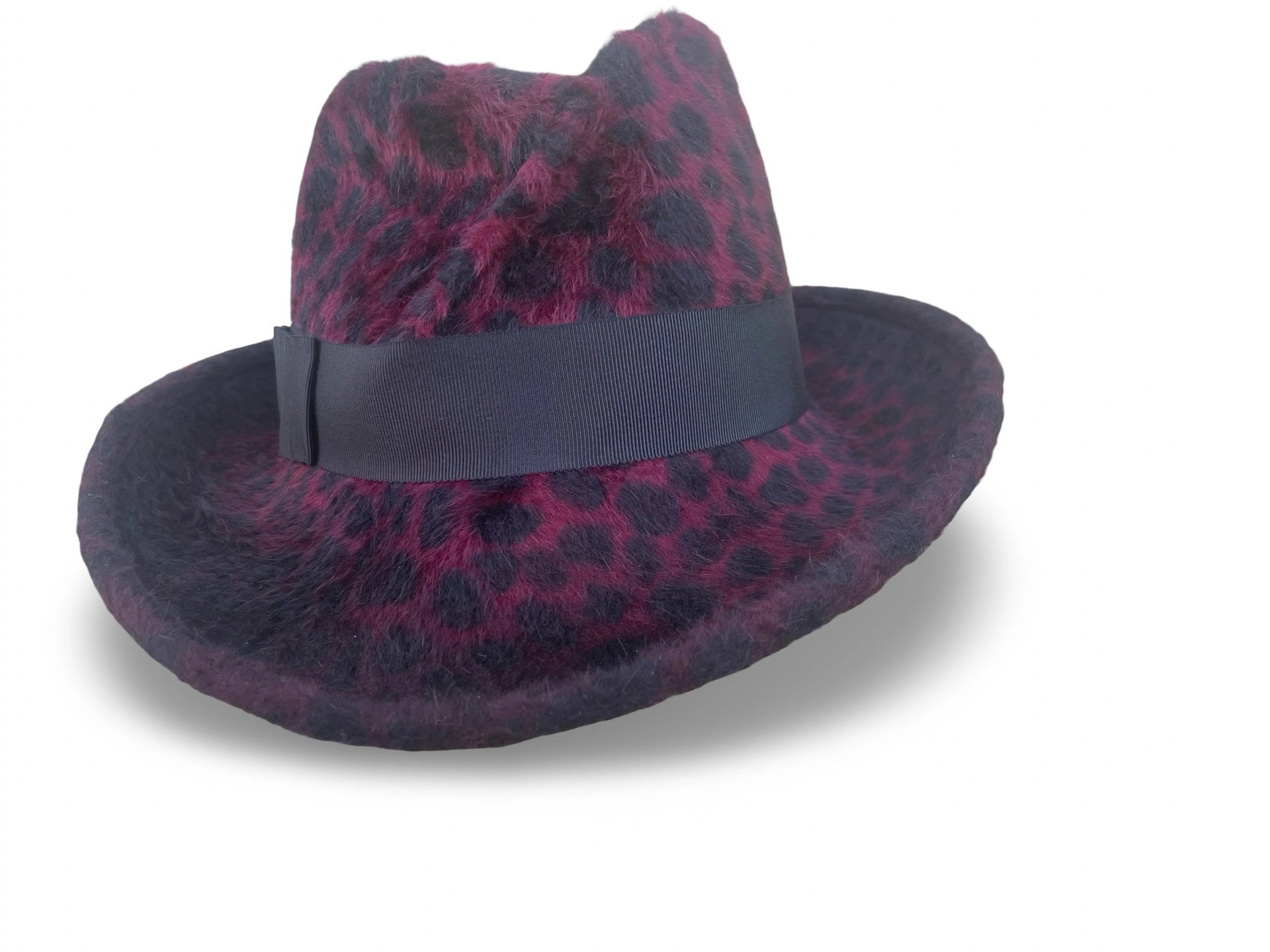 Burgundy Leopard Fedora with black grosgrain trim and Pleated crown. 