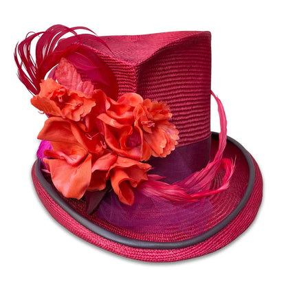 Persephone - Mad Hatter Red Top Hat with Flowers & Feathers
