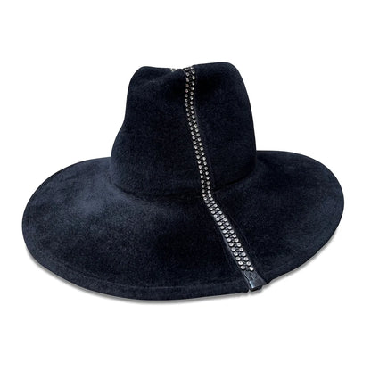 Poppins Fedora - Black Fur Felt with Rhinestone Zipper Trim