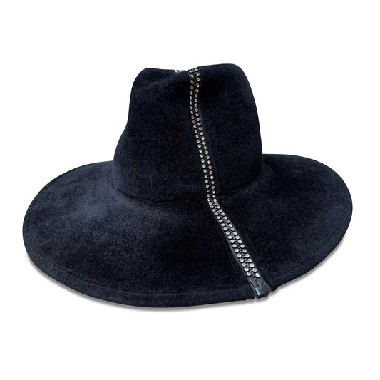 Poppins Fedora - Black Fur Felt with Rhinestone Zipper Trim
