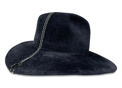 Poppins Fedora - Black Fur Felt with Rhinestone Zipper Trim