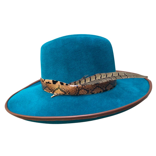 Purity - Turquoise Fedora with Leopard & Faux Snake Trim