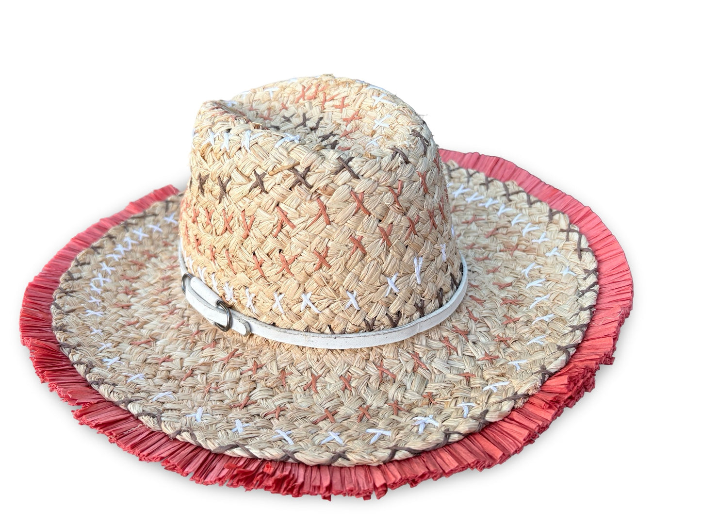 A woven straw cowboy hat with a red fringed brim and a white band around the crown, shown on a plain white background.