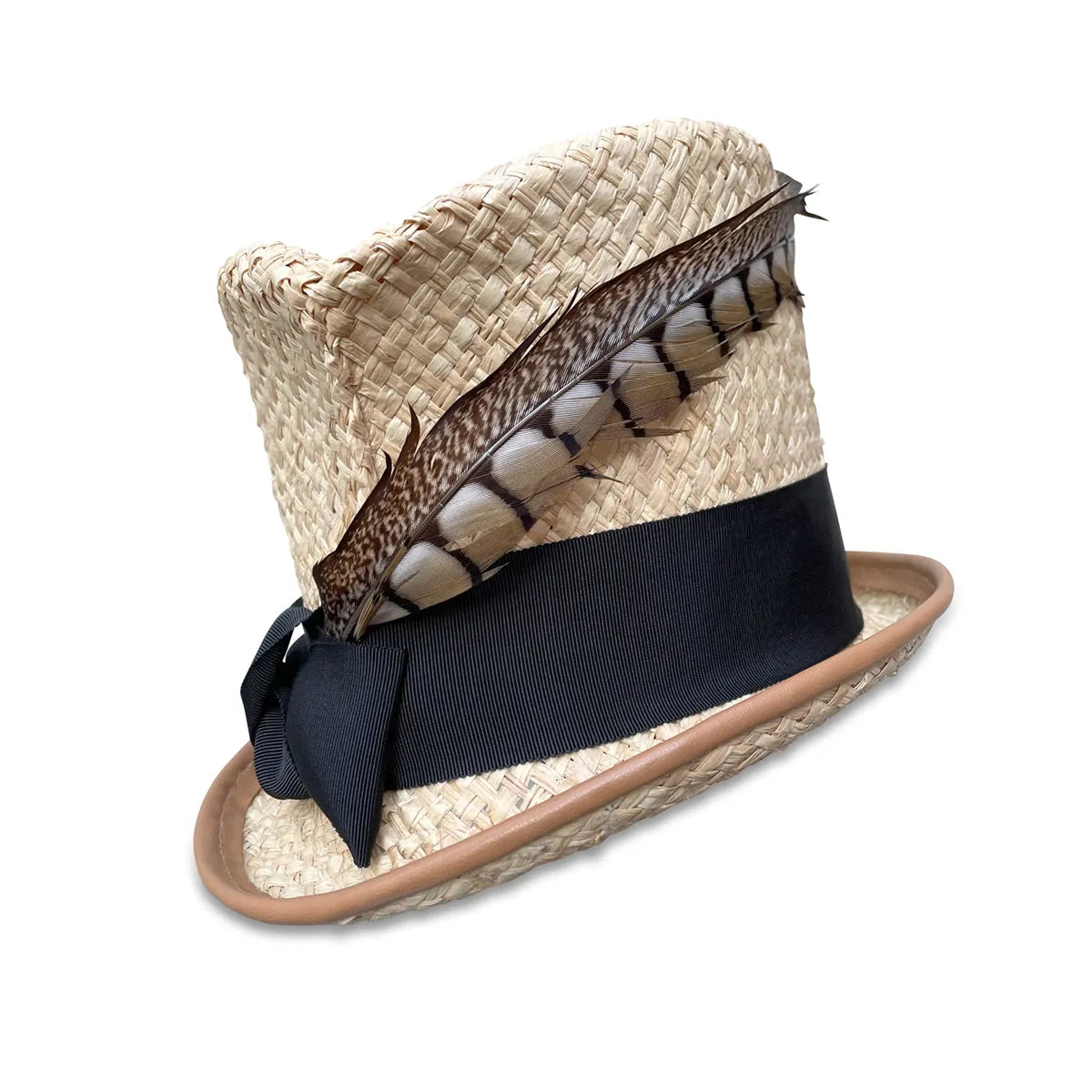 Raffia Faye Top Hat - Raffia Straw with Pheasant Feather