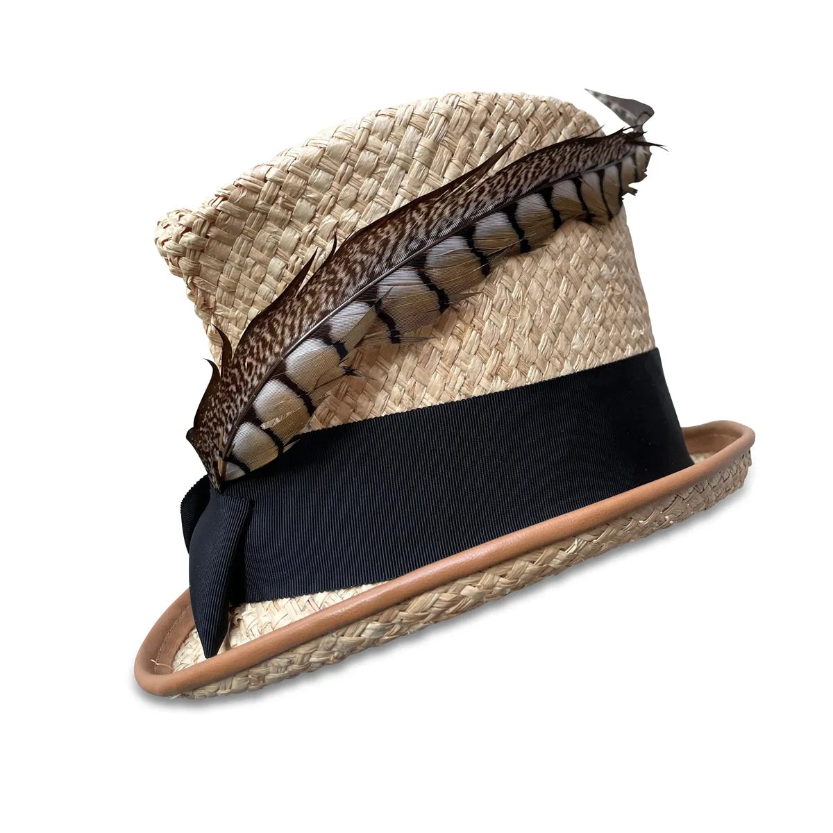 Raffia Faye Top Hat - Raffia Straw with Pheasant Feather