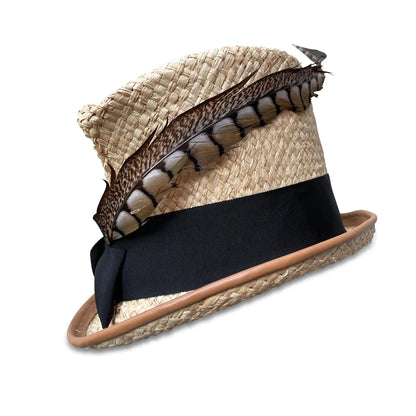 Raffia Faye Top Hat - Raffia Straw with Pheasant Feather
