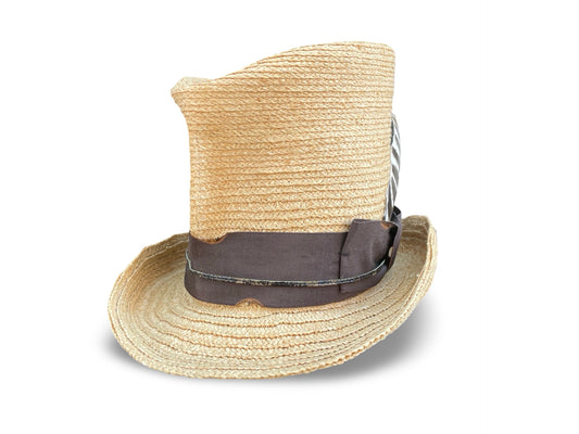Raffia Top Hat with Brown Ribbon Trim and Leather Cord - Front View