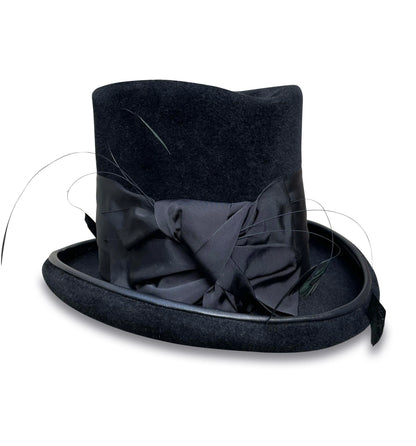 Ringmaster - Black Top Hat with Coque Feathers & Lambskin Piping