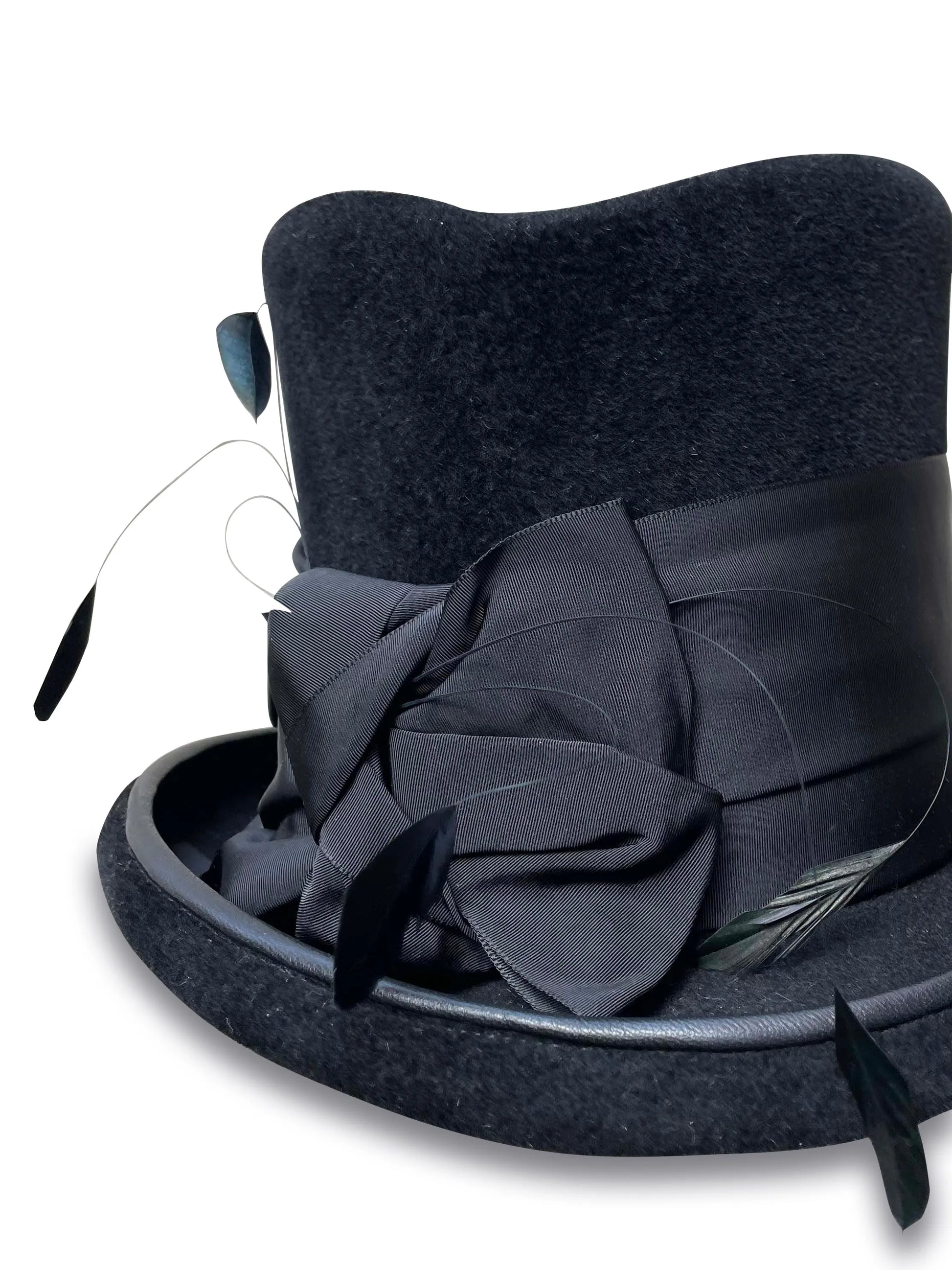 Ringmaster - Black Top Hat with Coque Feathers & Lambskin Piping