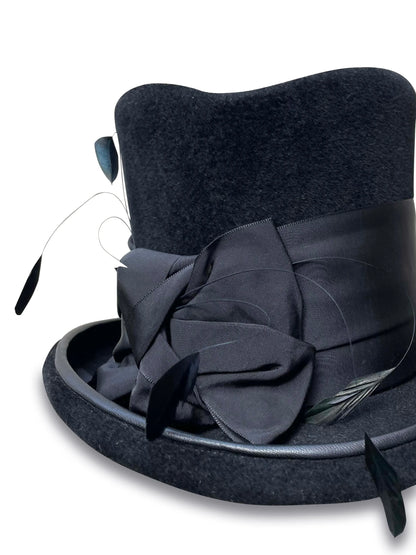 Ringmaster - Black Top Hat with Coque Feathers & Lambskin Piping