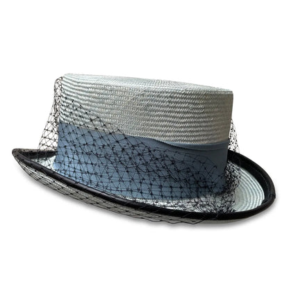 Rita Coachman - Cornflower Straw Hat with Veiling & Leather Trim