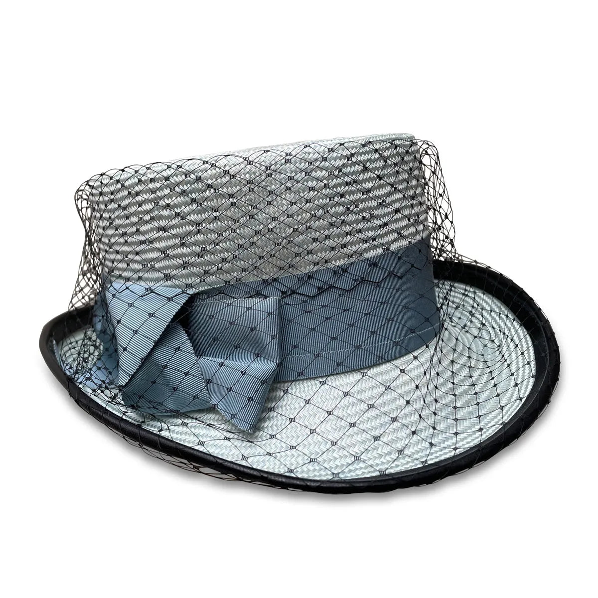 Rita Coachman - Cornflower Straw Hat with Veiling & Leather Trim