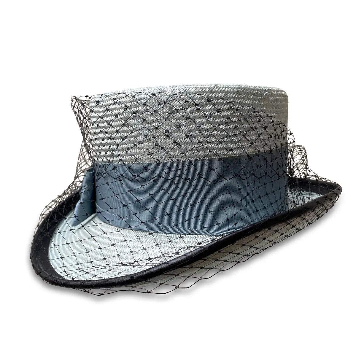 Rita Coachman - Cornflower Straw Hat with Veiling & Leather Trim
