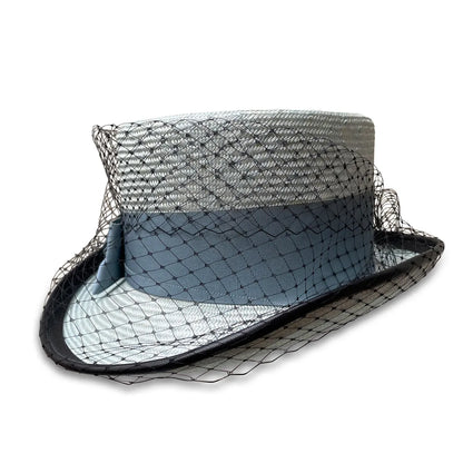 Rita Coachman - Cornflower Straw Hat with Veiling & Leather Trim
