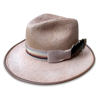 Royal Fedora Hat - Panama Straw with Leather Piping & Stripe Trim