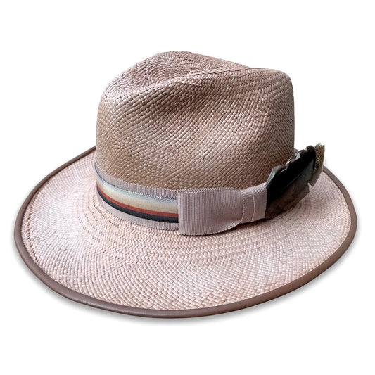 Royal Fedora Hat - Panama Straw with Leather Piping & Stripe Trim