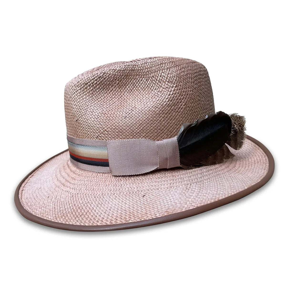Royal Fedora Hat - Panama Straw with Leather Piping & Stripe Trim